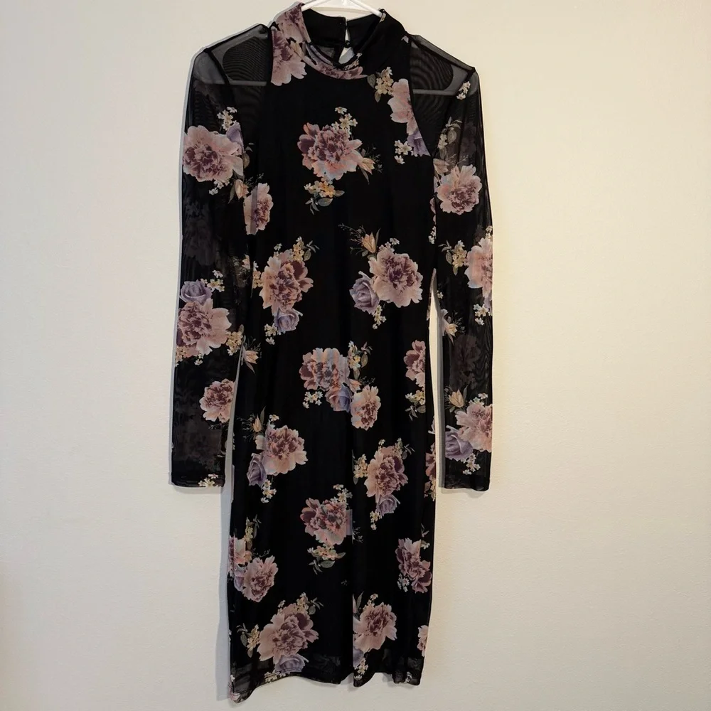 Floral Bodycon Mesh Dress with Long Sleeves and Key Hole Back Black Pink Midi - Picture 1 of 7